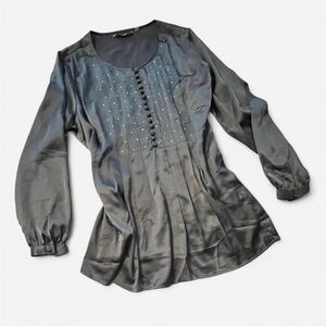 Soft Surroundings Grey Shimmery Long Sleeve Blouse, Metallic Details, Size Large
